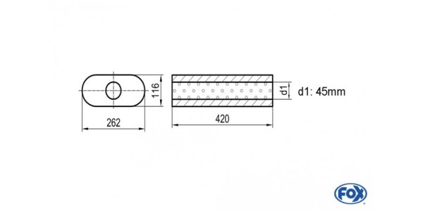 FOX Uni-Schalldämpfer oval ohne Stutzen - Abwicklung 650 262x116mm, d1Ø 45mm, Länge: 420mm