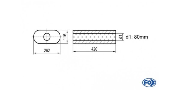 FOX Uni-Schalldämpfer oval ohne Stutzen - Abwicklung 650 262x116mm, d1Ø 80mm, Länge: 420mm