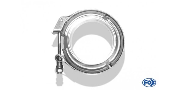 FOX V-band clamp Ø76mm - Set This set consists of: 2x CNC turned stainless steel V-band flanges (male & female) with Nut for 76mm pipes 1x V-band clamp with Quick-release fastener made of stainless steel including special nut