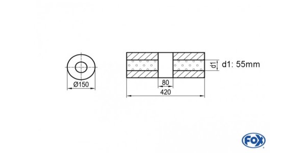 FOX Uni-Silencer around w/o Nozzle with chamber - Abw. 466 Ø 150mm, d1Ø 55mm (outside), length: 420mm