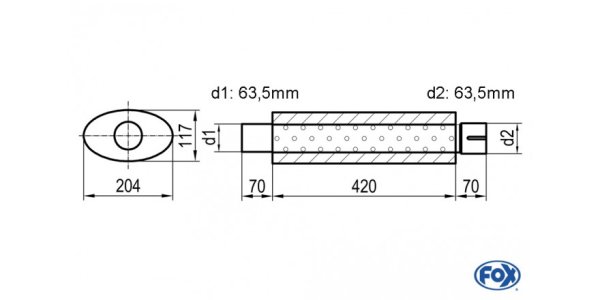 FOX Uni-Silencer oval with Nozzle - completion 525 204x117mm, d1Ø 63,5mm d2Ø 64mm, length: 420mm