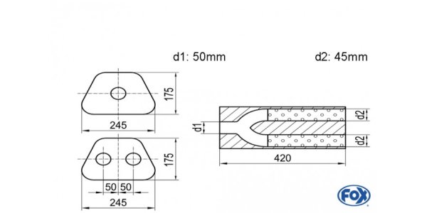 FOX Uni-Schalldämpfer trapezoid zweiflutig mit Hose - Abw. 711 245x175mm, d1Ø 50mm außen/ d2Ø 2x45mm außen - Länge: 420mm