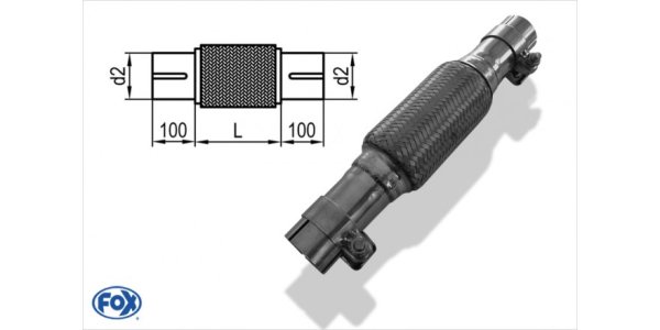 FOX Flexible tube Interlock - Ø90mm - length: 200mm + Nozzle Interior consists of stainless steel corrugated pipe - Outer shell is stainless steel mesh - with stainless steel-final nozzle for screwing with clamp - d2 (inner): 90mm inside