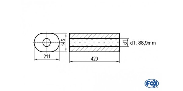 FOX Uni-Schalldämpfer oval ohne Stutzen - Abwicklung 585 211x145mm, d1Ø 88,9mm außen Länge: 420mm