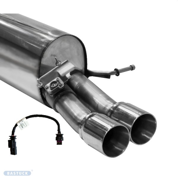 Bastuck Rear silencer with double tailpipe RH 2 x Ø 85 mm, (RACE design) with exhaust flap, including cable harness extension 200 mm for „Küster“ series servomotor - 21+ Hyundai i20N BC3