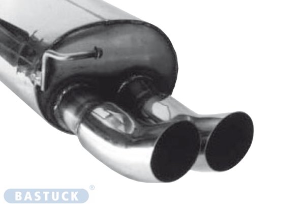 Bastuck Rear silencer DTM with double tailpipes 2 x Ø 76 mm - Audi A3 8L (w/o Quattro) / 99-05 Seat Leon 1M (w/o cars with original cut-out in the rear bumper) / VW Beetle / Golf 4 (w/o GTI anniversary model)