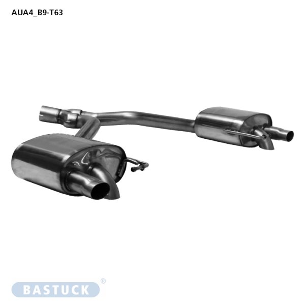 Bastuck Rear silencer with 1x tailpipe Ø 63 mm LH+RH, for series rear apron, w/o exhaust flap - 20+ Audi A4 B9 / A5 F5 TFSI Facelift FWD/Quattro