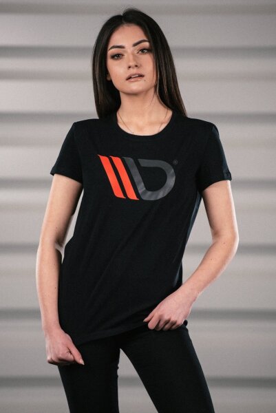 Maxton Design Womens Black T-Shirt with red logo