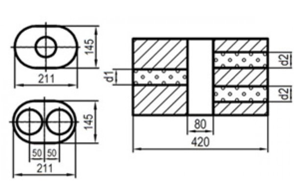 FOX Uni-Schalldämpfer oval zweiflutig mit Kammer - Abw. 585 211x145mm, d1Ø 76mm d2Ø 63,5mm, Länge: 420mm - Variante 2