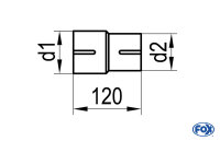 FOX Doppelmuffe - 60,3mm auf 58mm - Länge: 120mm rechts/ links geschlitzt - d1 = 60mm innen - d2 = 55mm innen