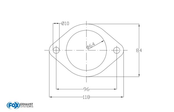 FOX 2-Loch-Flansch Rohteil Maße: 118mm x 84mm Innenloch: Ø64mm Schraubenloch: Ø10 Stichmaß: 96mm Dicke: 8mm Material 1.4301
